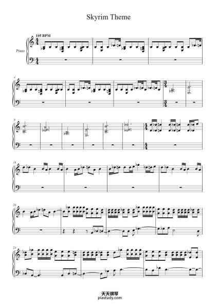 “Skyrim Theme”钢琴谱-Jeremy Soule-免费下载-天天钢琴