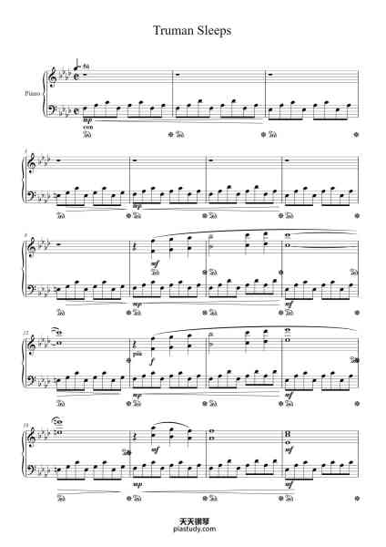 “楚门的世界 电影 Truman Sleeps”钢琴谱-Philip Glass-免费下载-天天钢琴