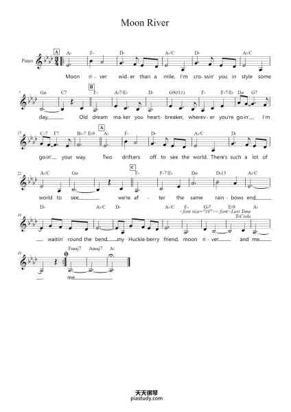 “Moon River”钢琴谱-Johnny Mercer Henry Mancini Arranged by: Samantha Max-免费下载-天天钢琴