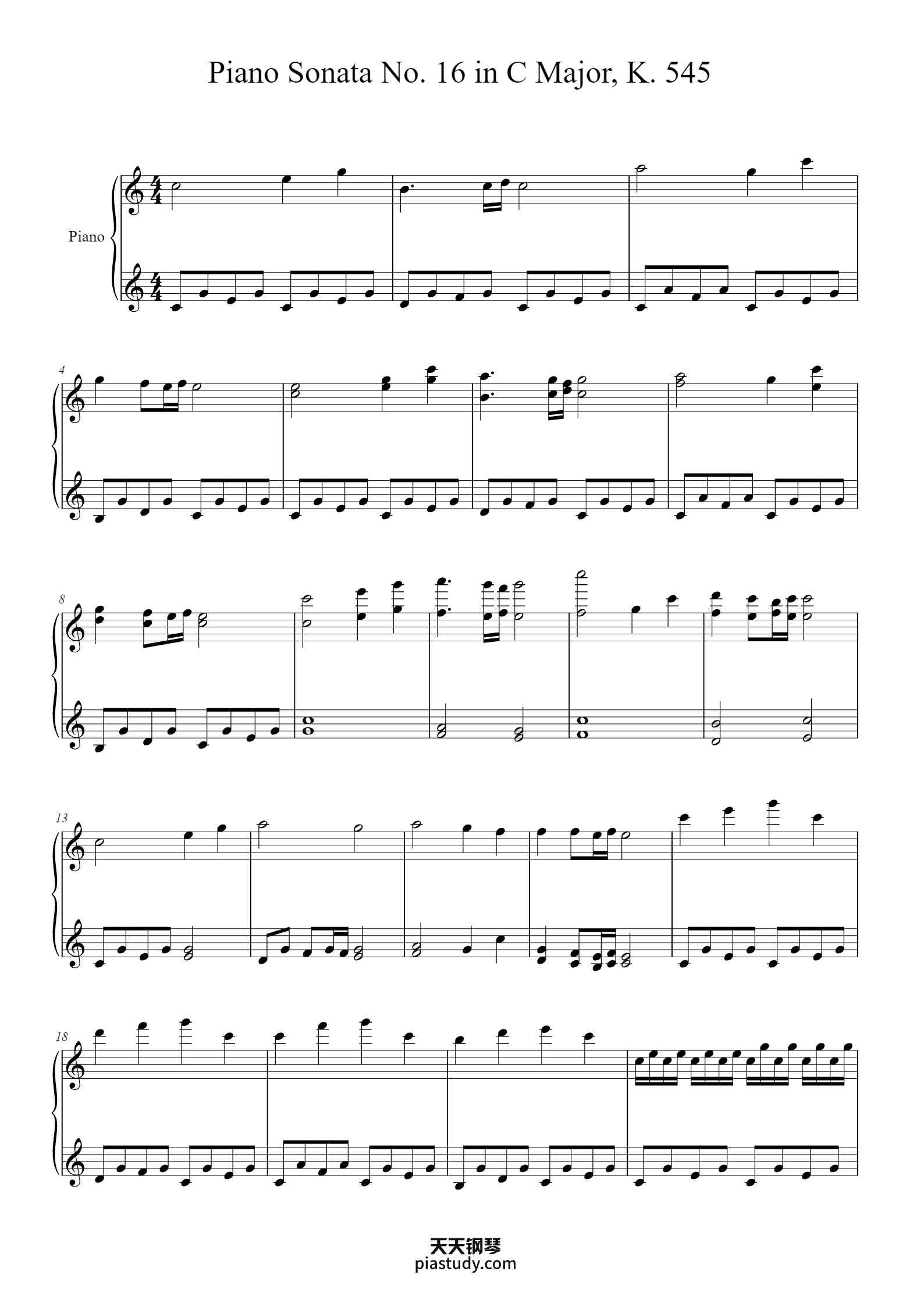 Piano Sonata No. 16 in C Major, K. 545钢琴谱 - Wolfgang Amadeus Mozart ...