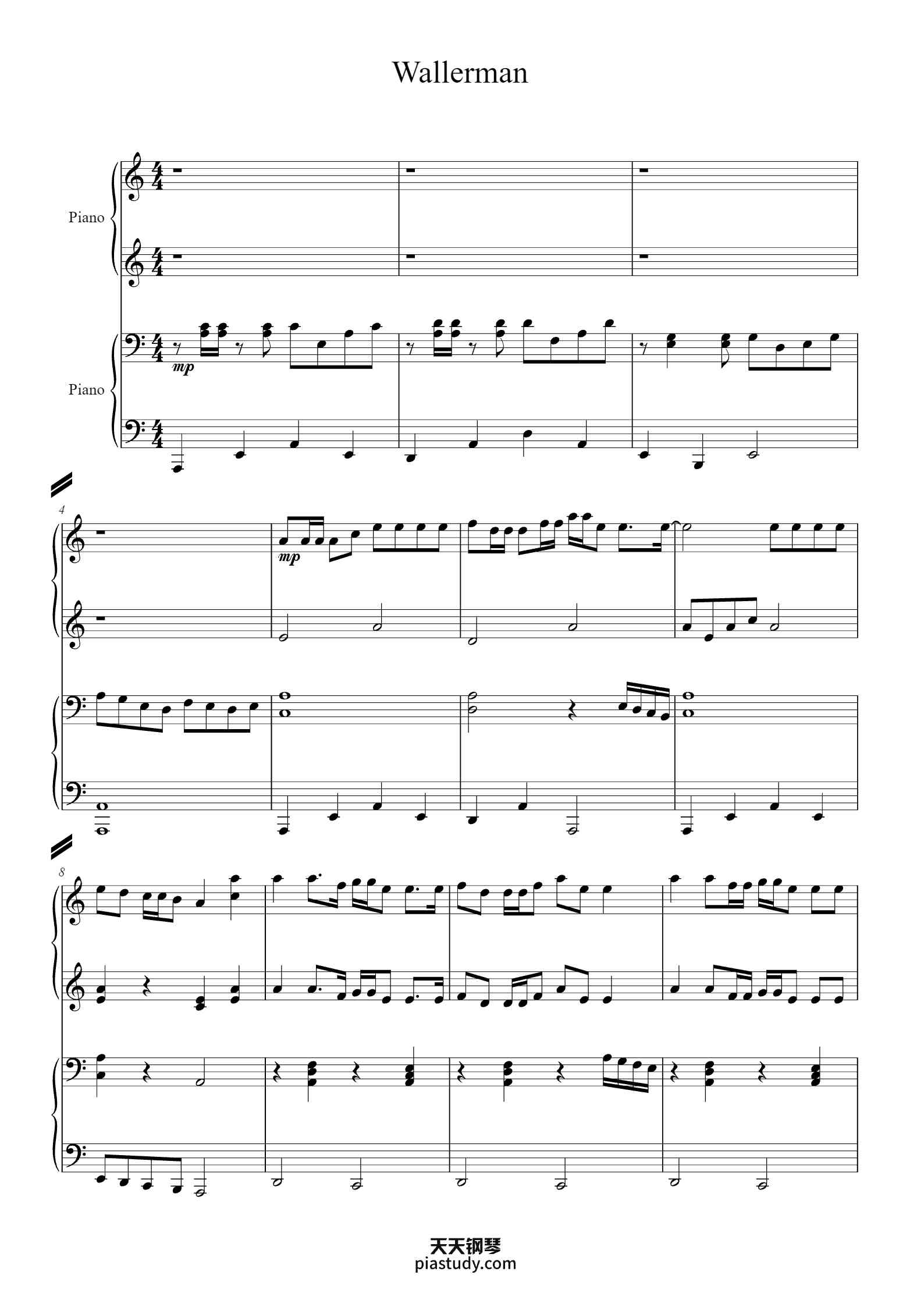 Wallerman （四手联弹）-五常之歌钢琴谱 - Nathan Evans - free piano sheet music ...