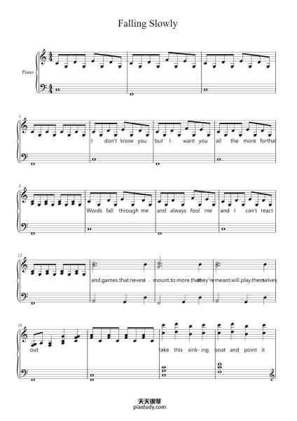 “Falling Slowly”钢琴谱-Words and Music by Glen Hansard & Marketa Irglova arranged by Grace Hathaway-免费下载-天天钢琴