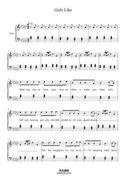 “Girls Like”钢琴谱-Hayley Kiyoko arr. K.Whitehead-免费下载-天天钢琴