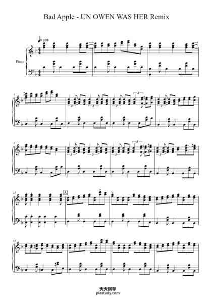 “Bad Apple - UN OWEN WAS HER Remix Piano Version”钢琴谱-Shirfer Katvogt-免费下载-天天钢琴
