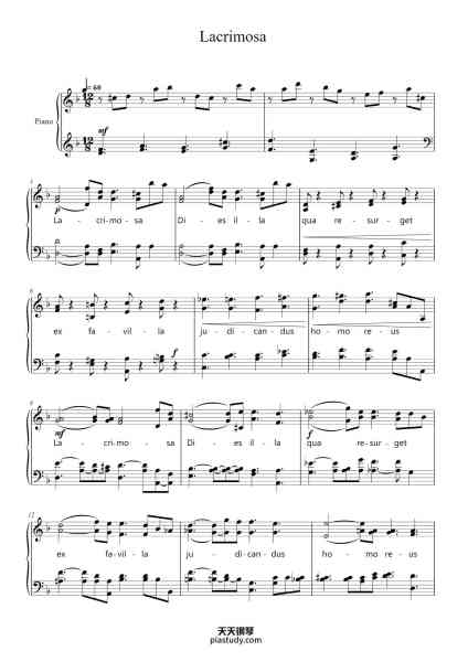 “Requiem in D Minor, K. 626: VIII. Lacrimosa”钢琴谱-W. A. Mozart-免费下载-天天钢琴