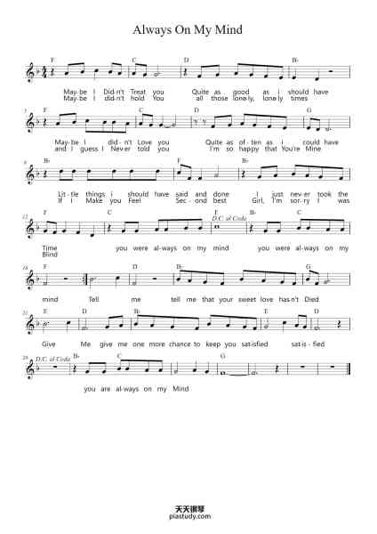 “Always On My Mind”钢琴谱-Wayne Thompson, Mark James and Johnny Christopher-免费下载-天天钢琴