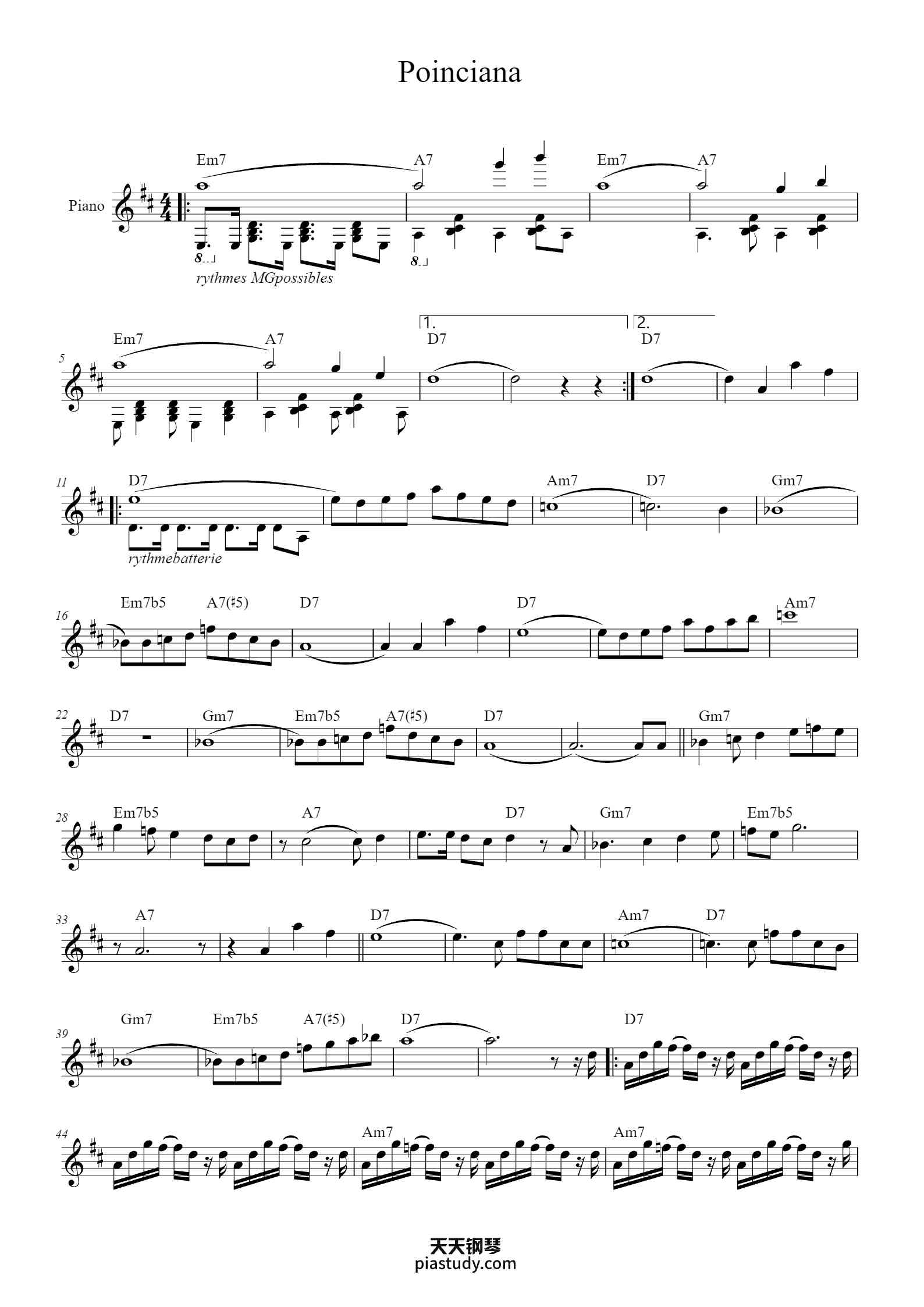 'Poinciana' - Piano Sheet Music By solos inpirés d'Ahmad Jamal | TOPiano