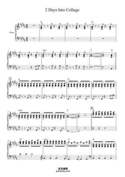 “2 Days Into College”钢琴谱-Aimee Carty, 
Trasncription of Piano Hot Charts video
and Aimee's studio recording-免费下载-天天钢琴