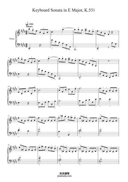 “Keyboard Sonata in E Major, K.531”钢琴谱-Composed by
Domenico Scarlatti
(circa 1757)-免费下载-天天钢琴
