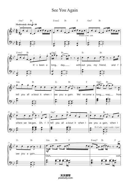“See You Again”钢琴谱-Words and Music by Justin Scott Franks, 
Cameron Thomaz, Charlie Puth and Andrew Cedar-免费下载-天天钢琴