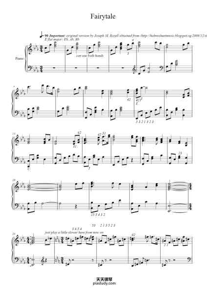 “Fairytale (Theme from Shrek)”钢琴谱-Arranged by Joseph M. Rozell Written by Harry Gregson-Williams/John Powell Edited by Pochacco Tan (2/9/16 - 3/9/16) for grade 1 or 2 people like herself-免费下载-天天钢琴