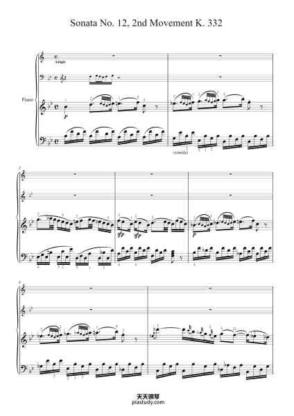 “Piano Sonata No. 12 in F Major, K. 332: II. Adagio”钢琴谱-W.A. Mozart.-免费下载-天天钢琴