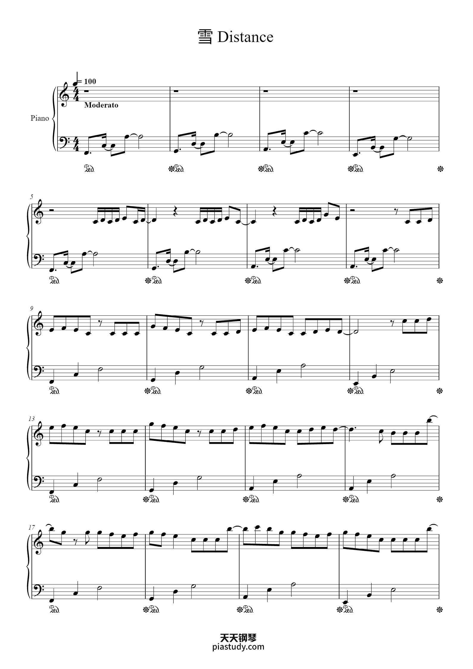 《雪 Distance》C调简易版钢琴谱 - Capper/罗言 - free piano sheet music - PiaNoproblem