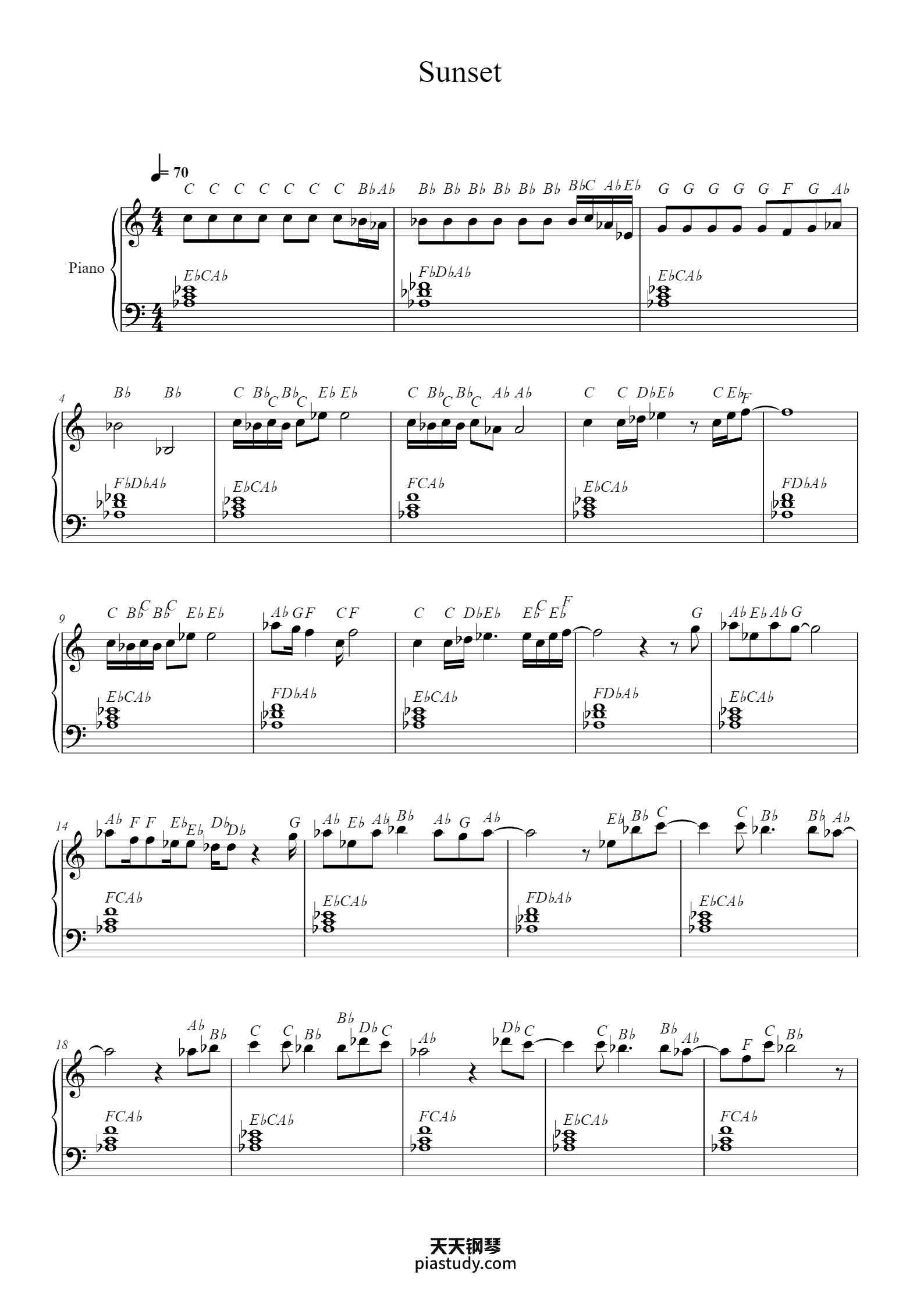 'Sunset' - Piano Sheet Music By Composed by Laura Gao Original song by ...