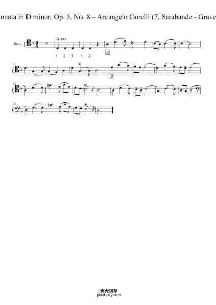 “Sonata in D Minor, Op. 5, No. 8: VII. Sarabande - Grave”钢琴谱-Arcangelo Corelli
Arranger : August Lindner-免费下载-天天钢琴