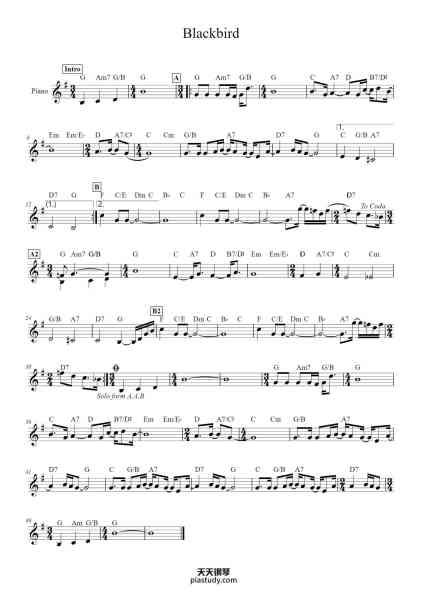 “Blackbird”钢琴谱-The Beatles-免费下载-天天钢琴