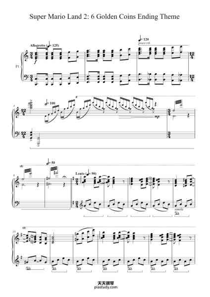 “Super Mario Land 2 Ending Theme”钢琴谱-Originally composed by Kazumi Totaka
Performed by Tom Brier
Arranged by Ron O'Dell
Transcribed to MIDI by Cezary Sławecki
https://musescore.com/user/19465036/scores/5161839
Transcribed from:
https://www.youtube.com/watch?v=Qg5-RpqenfQ
https://www.youtube.-免费下载-天天钢琴