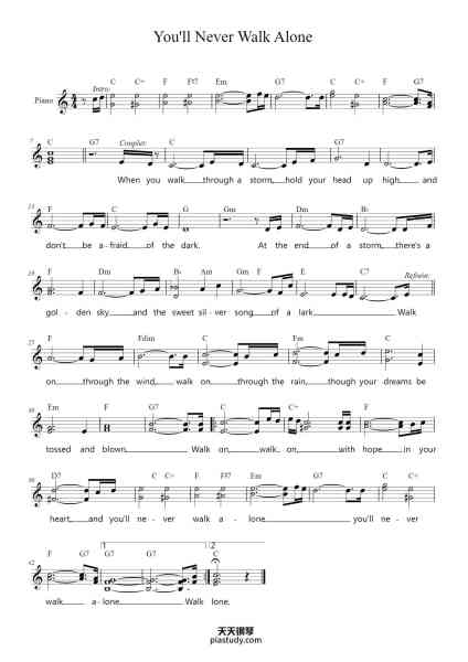 “You'll Never Walk Alone”钢琴谱-Tekst en muziek: Rodgers & Hammerstein-免费下载-天天钢琴