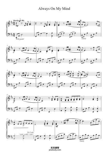 “Always On My Mind”钢琴谱-Words and Music by WAYNE THOMPSON,
MARK JAMES and JOHNNY CHRISTOPHER-免费下载-天天钢琴