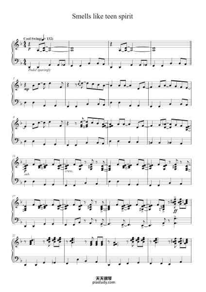 “Smells like teen spirit”钢琴谱-Words and Music by KURT COBAIN,
KRIST NOVOSELIC and DAVE GROHL-免费下载-天天钢琴