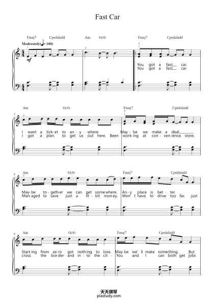 “Fast Car”钢琴谱-Words and Music by
TRACY CHAPMAN-免费下载-天天钢琴