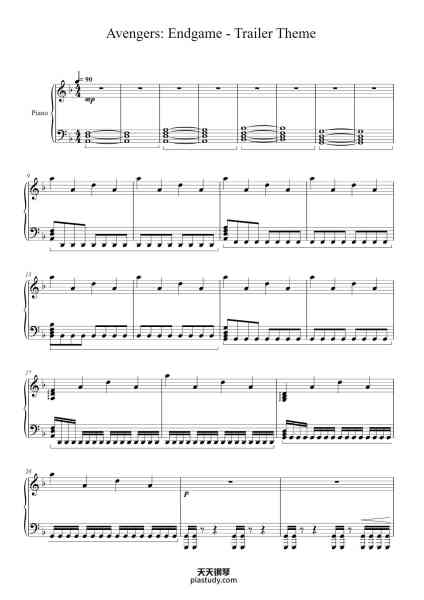 “Avengers: Endgame - Trailer Theme (Piano)”钢琴谱-Composed by Harry Lightfoot Arranged by Baden Northey-免费下载-天天钢琴