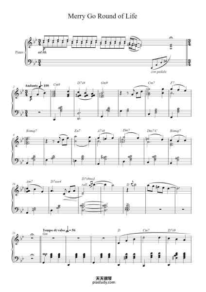 “Merry Go Round of Life”钢琴谱-Joe Hisaishi
Arranged by Ryan Zhu-免费下载-天天钢琴