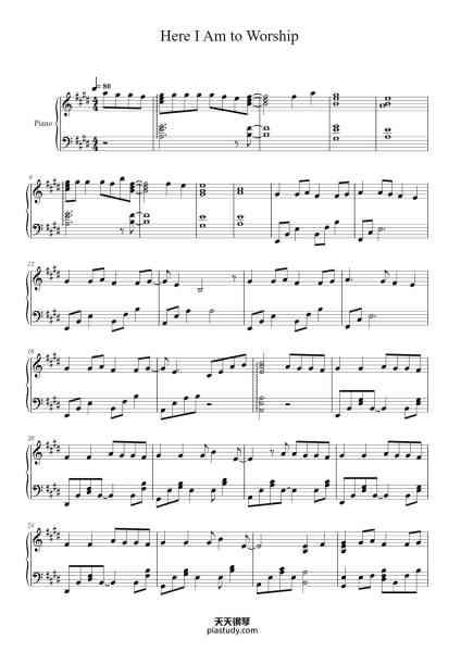 “Here I Am to Worship”钢琴谱-Songwriter(s): Hillsong Worship Arranged by: Bless Piano Youtube: https://youtu.be/uefTWgBv5X0-免费下载-天天钢琴
