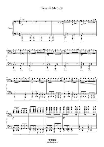 “Skyrim Medley: Dragonborn, The Dragonborn Comes, From Past to Present, Far Horizons”钢琴谱-Arr. by Alex Snyder-免费下载-天天钢琴