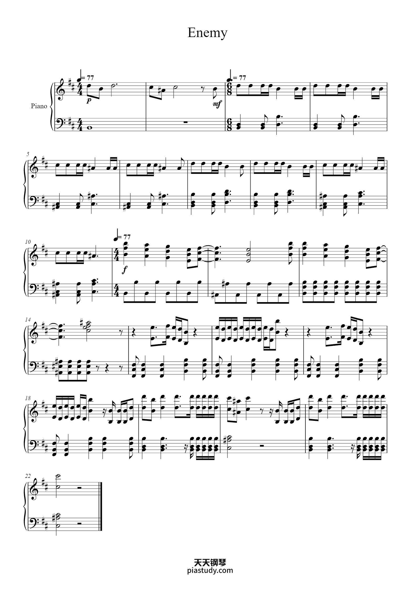 Enemy钢琴谱 - Imagine Dragons - free piano sheet music - PiaNoproblem