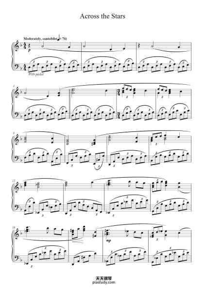 “Across the Stars (Love Theme from Star Wars: Episode II – Attack of the Clones)”钢琴谱-Music by JOHN WILLIAMS-免费下载-天天钢琴
