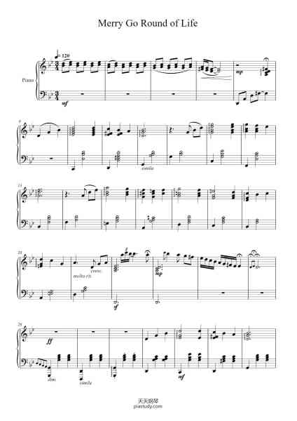 “Merry Go Round of Life (Howl's Moving Castle)”钢琴谱-Joe Hasaishi-免费下载-天天钢琴