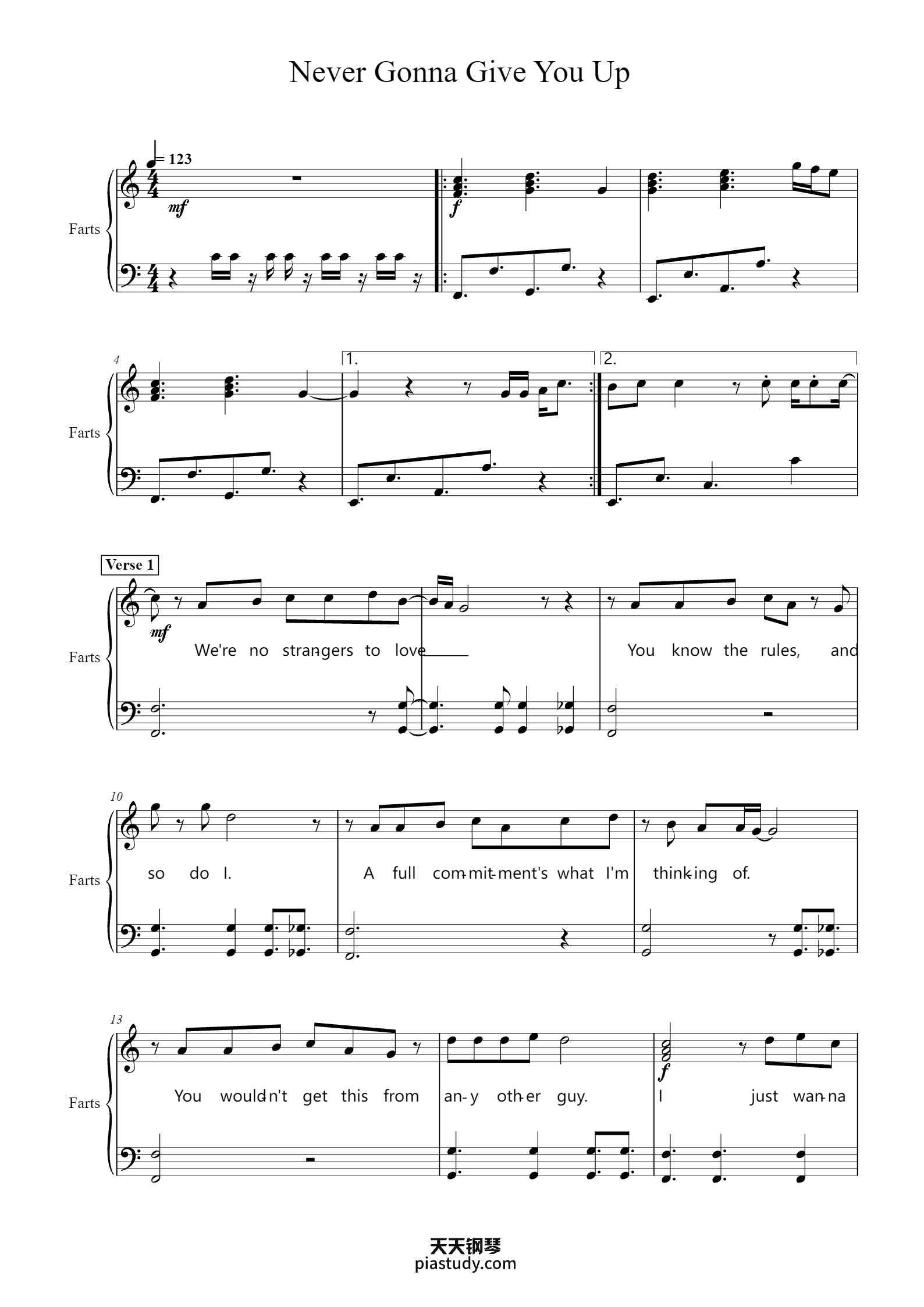 Never Gonna Give You Up钢琴谱 - Rick Astley - free piano sheet music ...