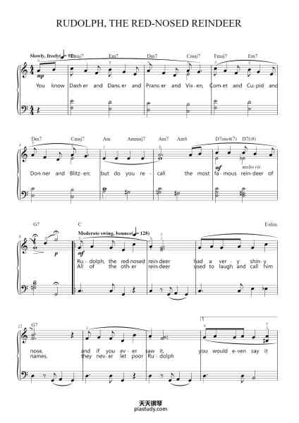 “Rudolph, The Red-Nosed Reindeer”钢琴谱-Music and Lyrics by JOHNNY MARKS
Arranged by Phillip Keveren-免费下载-天天钢琴