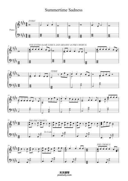 “Summertime Sadness”钢琴谱-Lana del Rey Arranged by JDC-免费下载-天天钢琴