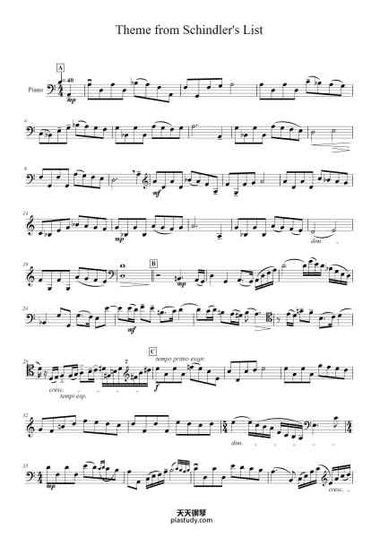 “Theme from Schindler's List”钢琴谱-John Williams Arr. Byron Riveiro-免费下载-天天钢琴