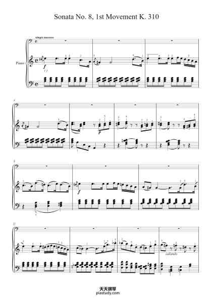 “Piano Sonata No. 8 in A Minor, K. 310: I. Allegro maestoso”钢琴谱-W.A. Mozart.-免费下载-天天钢琴