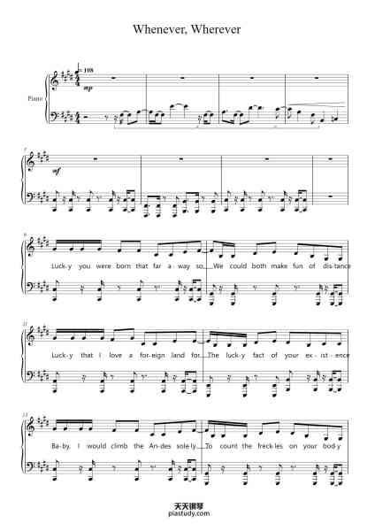 “Whenever, Wherever”钢琴谱-Shakira
Arr. VG-免费下载-天天钢琴