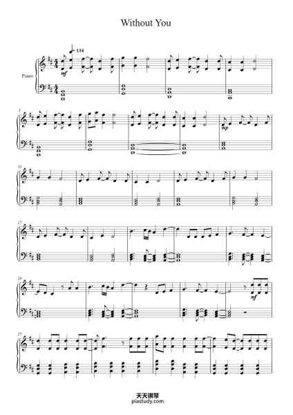 “Without You”钢琴谱-Transcribed and arranged by Hugo Sellerberg-免费下载-天天钢琴