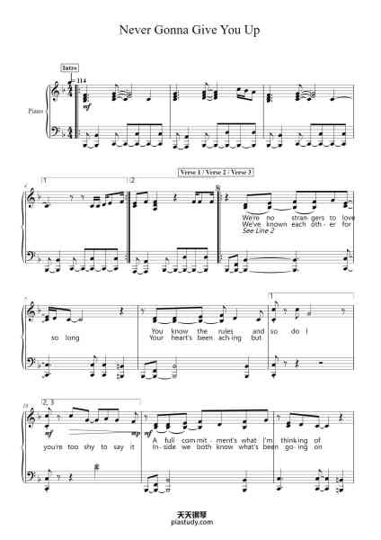 “Never Gonna Give You Up”钢琴谱-Mike Stock / Matt Aitken / Peter Waterman-免费下载-天天钢琴