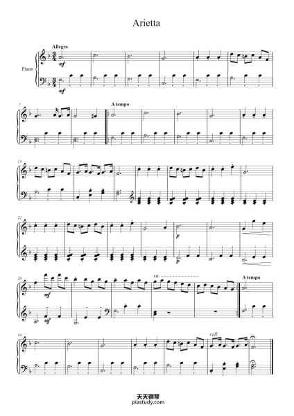 “Arietta in A Major, K. 524”钢琴谱-Wolfgang Amadeus Mozart-免费下载-天天钢琴