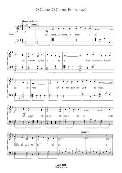 “O Come, O Come, Emmanuel (久しく待ちにし)”钢琴谱-original tune:13th century plain chant-免费下载-天天钢琴