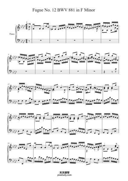 “Fugue No. 12 in F Minor, BWV 881”钢琴谱-Johann Sebastian Bach (1685 - 1750)-免费下载-天天钢琴
