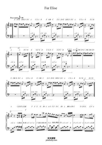 “Bagatelle No. 25 in A Minor, WoO 59 "Für Elise"”钢琴谱-Beethoven-免费下载-天天钢琴