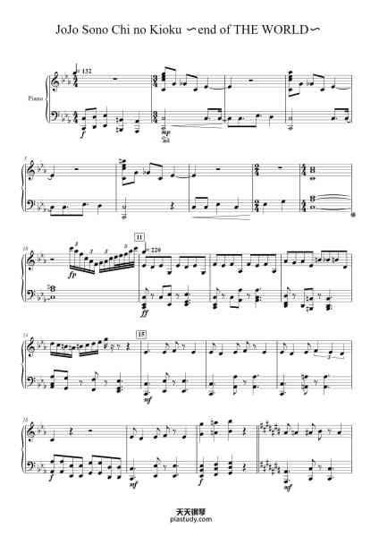 “JoJo Sono Chi no Kioku 〜end of THE WORLD〜”钢琴谱-JO☆STARS
Arr. Chloe Webb
-免费下载-天天钢琴