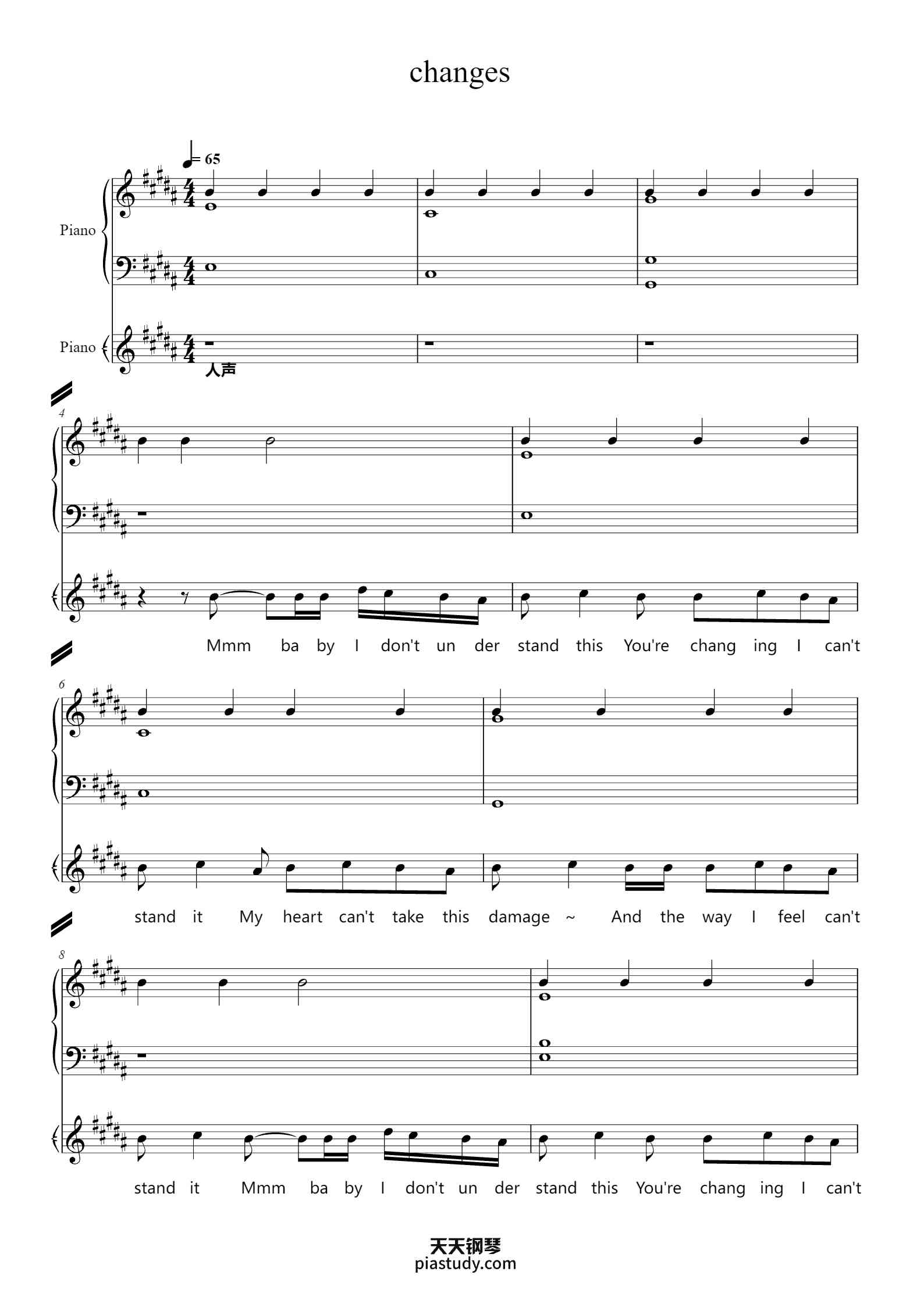 changes 原调钢琴弹唱版钢琴谱 - XXXTentacion - free piano sheet music - PiaNoproblem
