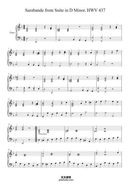 “Suite in D Minor, HWV 437: IV. Sarabande”钢琴谱-Georg Friedrich Händel-免费下载-天天钢琴