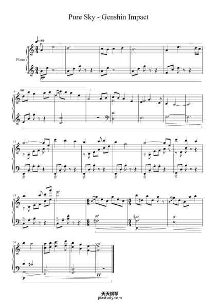 “Pure Sky - Genshin Impact”钢琴谱-Yu-Peng Chen
Arr. Elliott M-D
-免费下载-天天钢琴