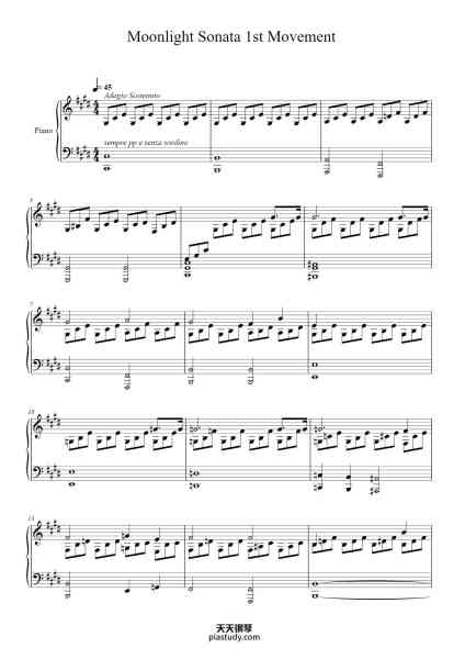 “Piano Sonata No. 14 in C-Sharp Minor, Op. 27 No. 2 "Moonlight": I. Adagio sostenuto”钢琴谱-Ludwig van Beethoven-免费下载-天天钢琴
