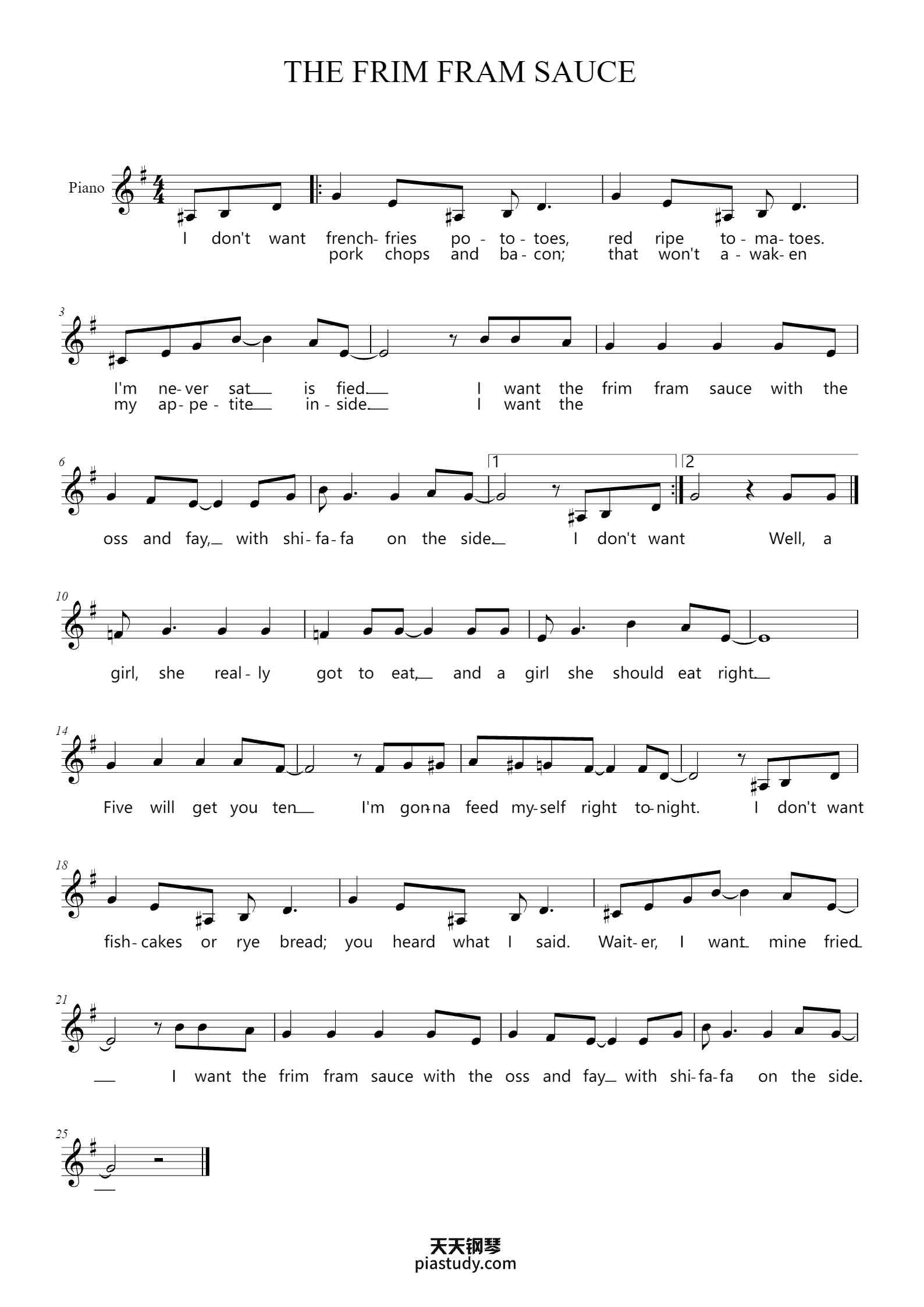 THE FRIM FRAM SAUCE钢琴谱 - Joe Ricardel - free piano sheet music ...